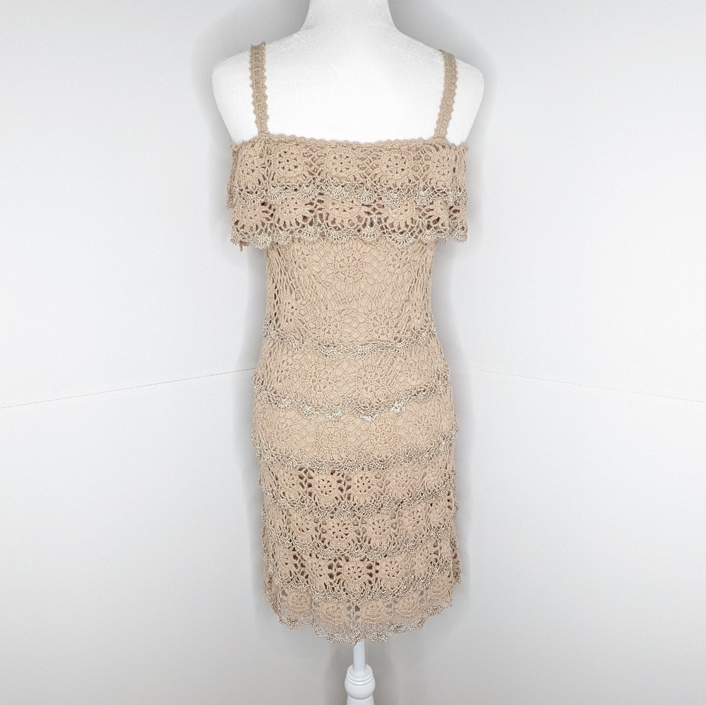 Boston Proper EUC crochet cold shoulder ruffles dress metallic small taupe brown - Picture 3 of 16